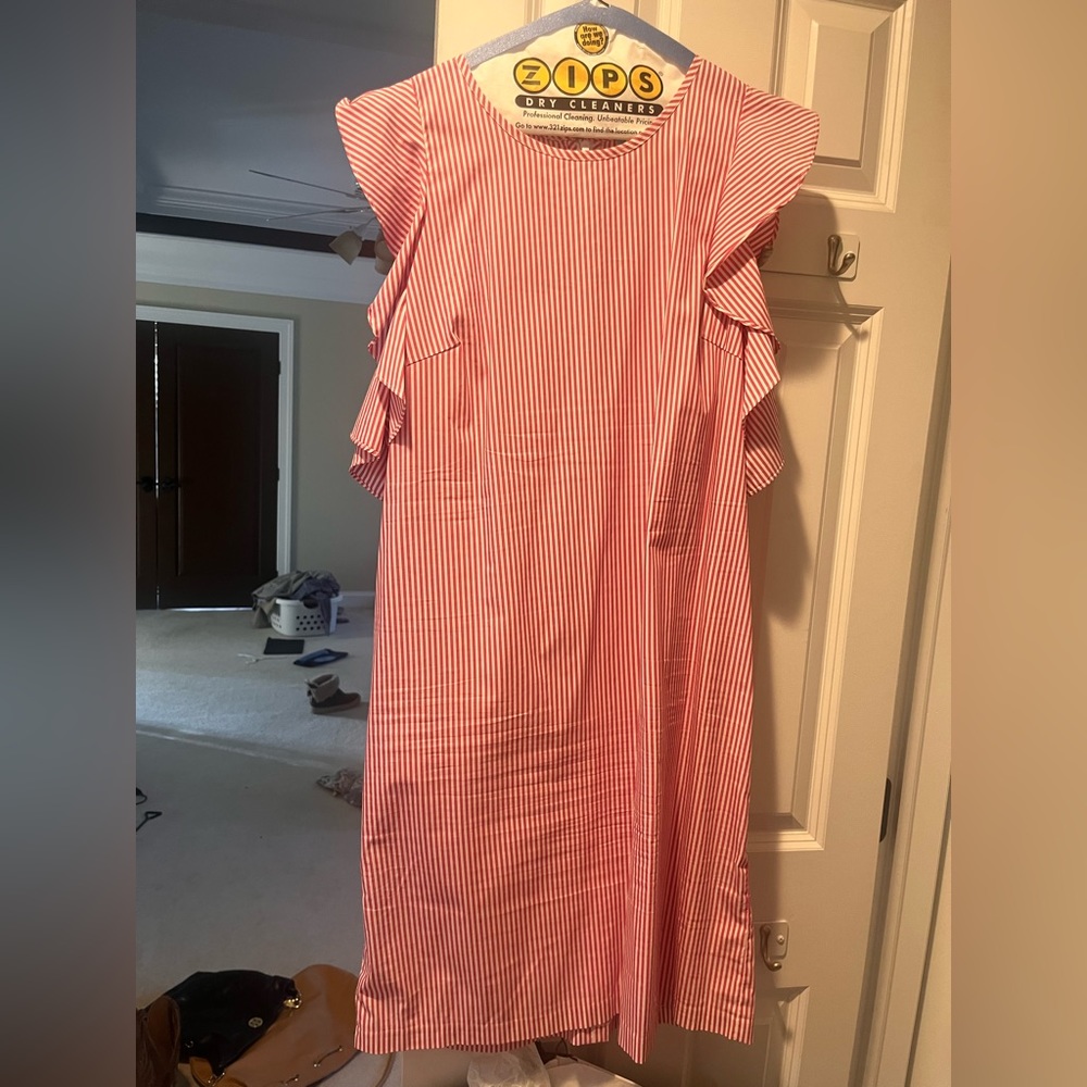 J Mclauglin fun “candy striper” dress with cut out flutter sleeves.